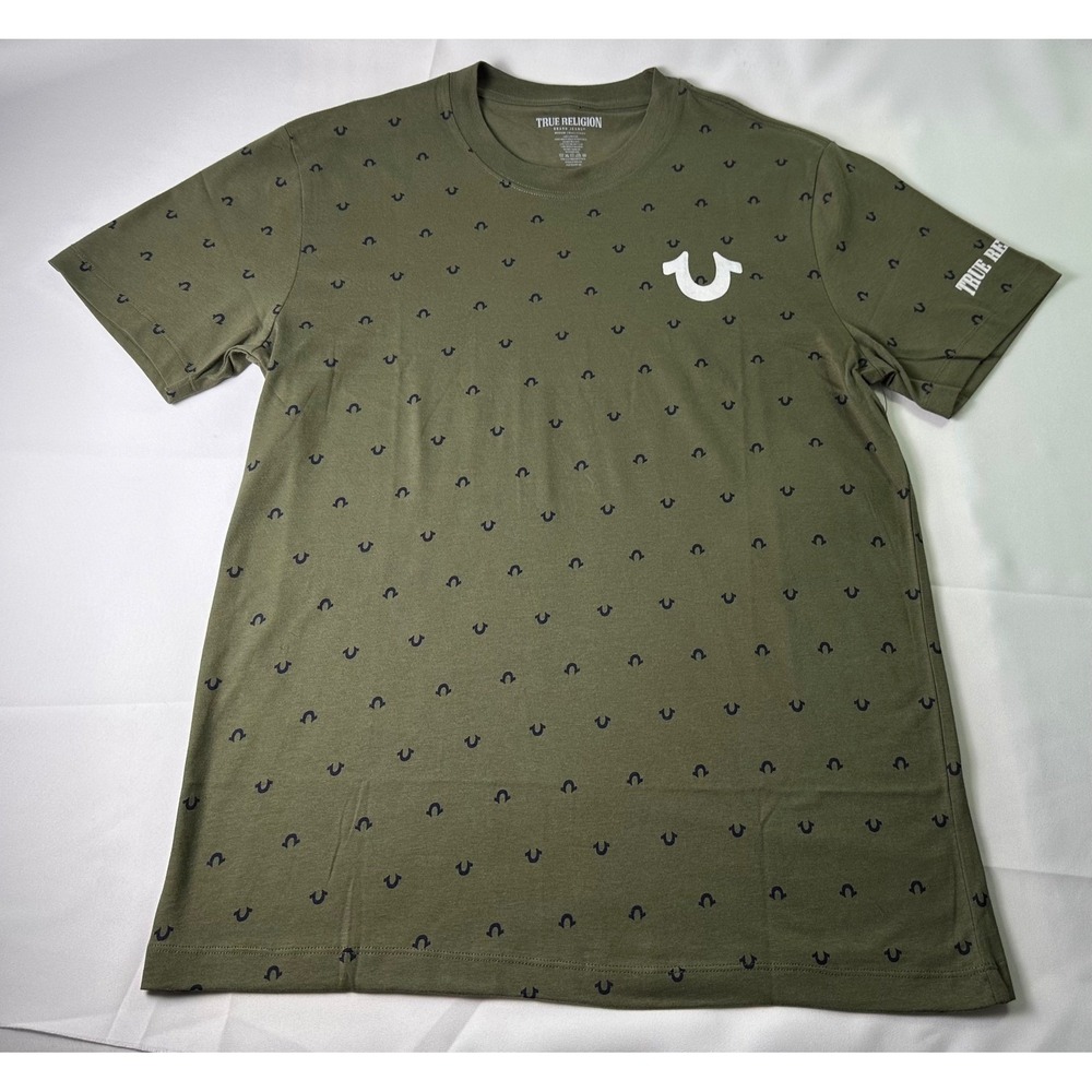 True Religion Men's Olive Green Mini Horseshoe Logo AOP Med Short Sleeve T-Shirt